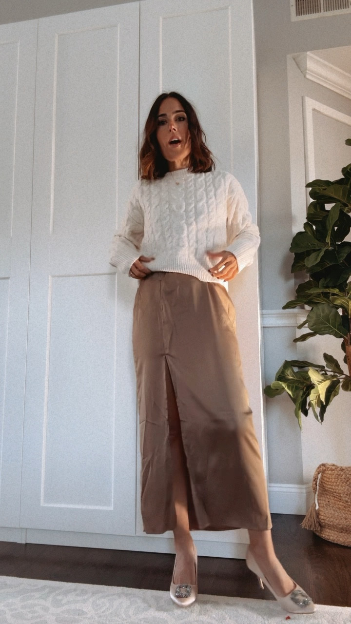 Target holiday outfit idea. Silk midi skirt and super soft sweater! On sale! @target @targetstyle #targetpartner #target

#LTKCyberWeek #LTKHoliday #LTKfindsunder50