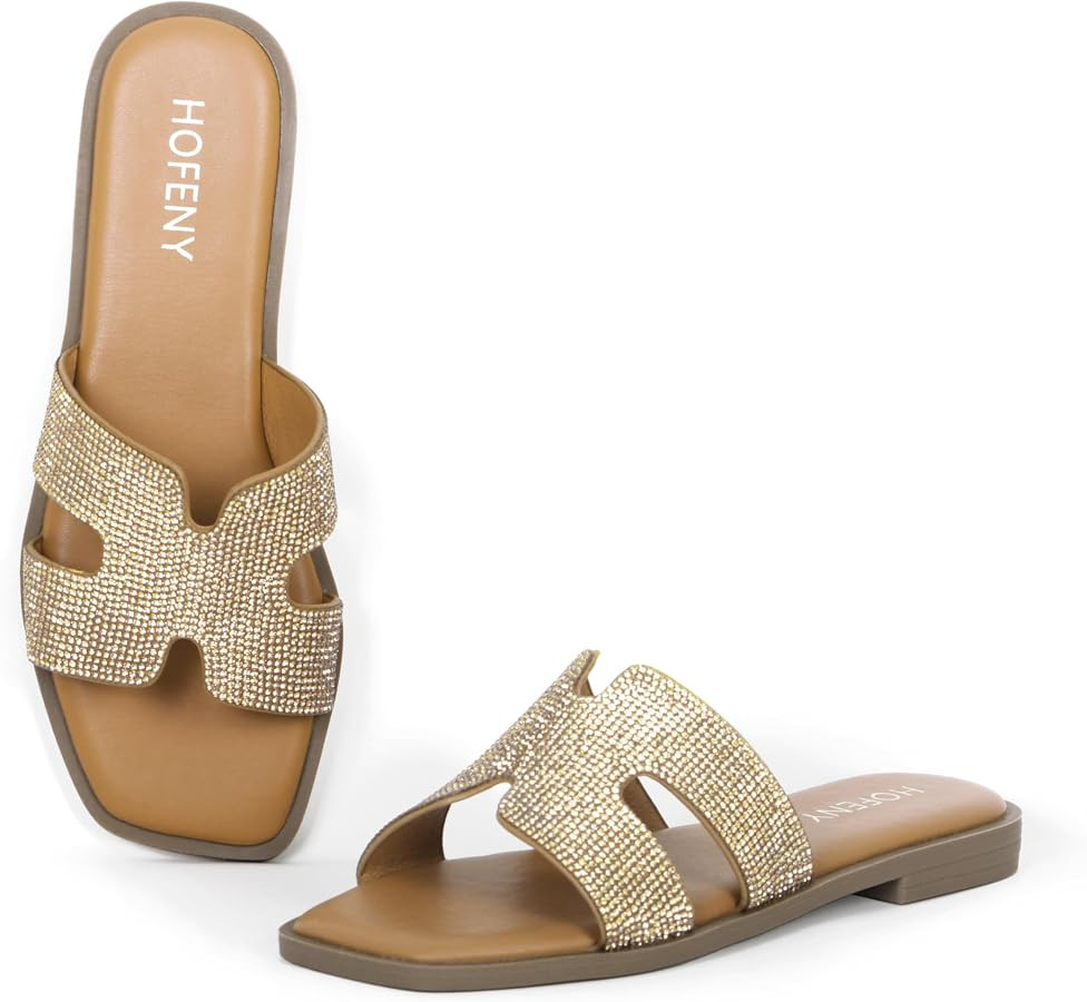 Womens Slip On Flat Sandals Soft Leather Open Toe Slide for Summer Dressy | Amazon (US)