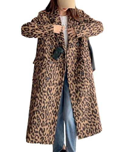 Sexyshine Women's Leopard Print Long Trench Coat Notched Lapel Double Breasted Pea Coat Wool Overcoat Jacket(27348LE,M) | Amazon (US)
