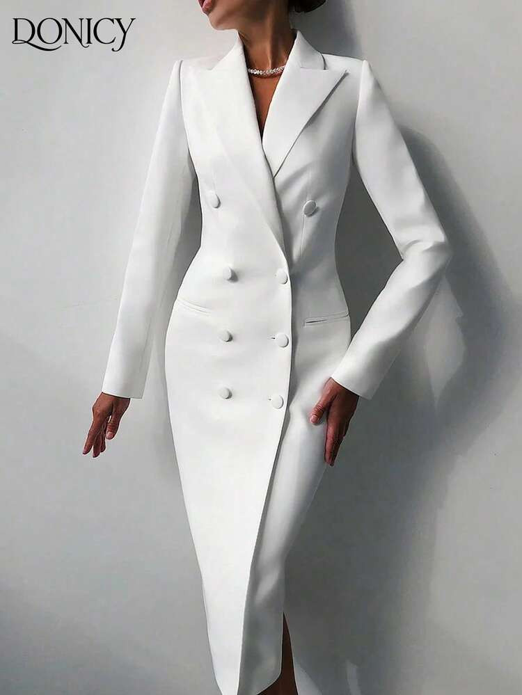 Plus Size Women's Spring/Summer Solid Color Double-Breasted Faux Pocket Long Blazer Coat, Fashion Minimalist Elegant Luxury Office Commute White Outerwear, Suitable For Casual, Business, Formal Events, Dating, Shopping | SHEIN