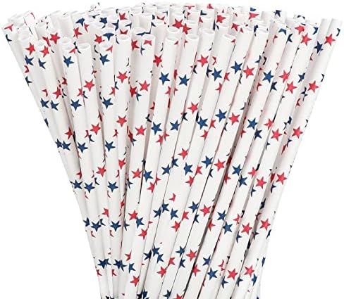 AnyDesign 200Pcs Independence Day Paper Straws 7.7 Inch Red Blue Star Pattern Drinking Straws Americ | Amazon (US)