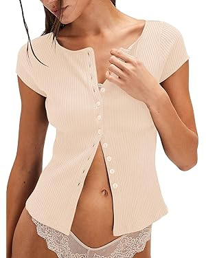 Yousify Women's Short Sleeve Summer Tops 2025 Trendy Ribbed Knit Button Down Tight Basic Tees Shi... | Amazon (US)