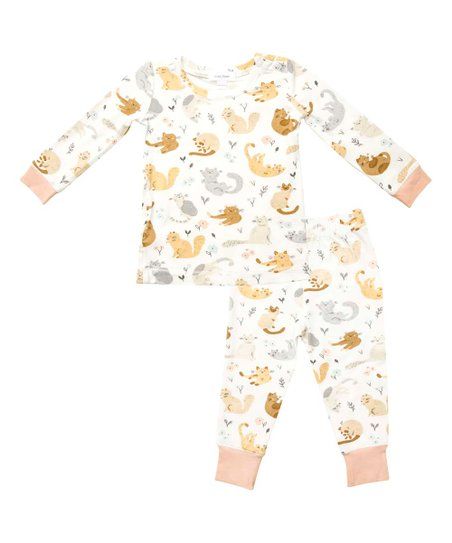 White & Pink Pretty Kitties Long-Sleeve Pajama Set - Infant | Zulily