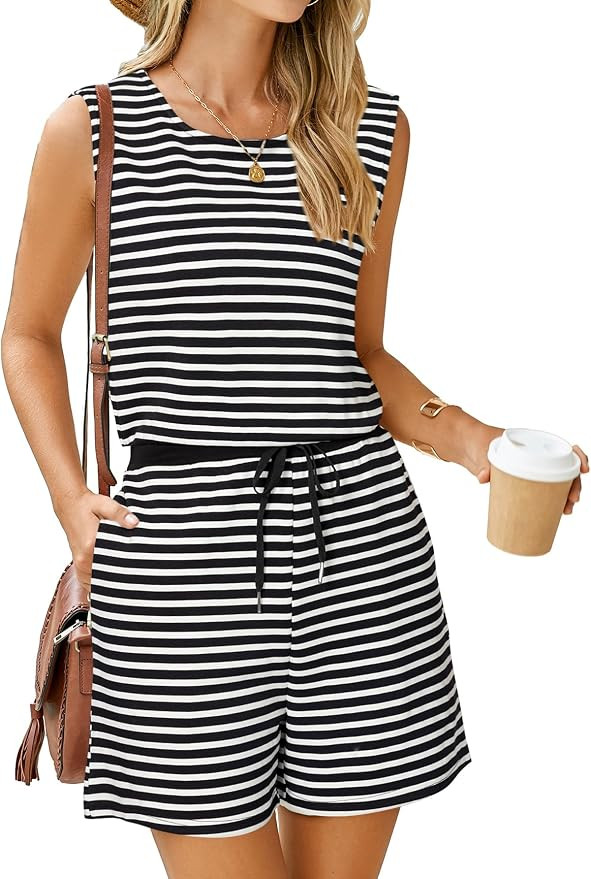 Glamaker Womens Rompers for Summer 2025 Striped Shorts Overall Sleeveless Jumpsuits Elastic Waist... | Amazon (US)