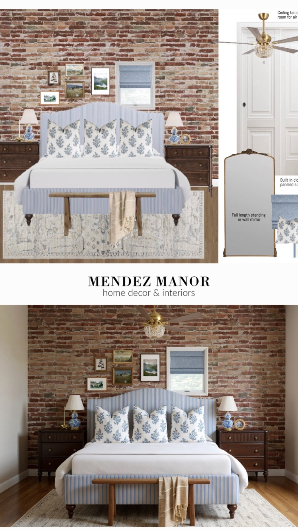 Master bedroom design with ticking stripe upholstered bed and matching wood night stands. 

The fabric Roman shades are from Two Pages. Use code: MENDEZMANOR for 24% off your order! 

This design is for a downtown loft apartment Airbnb rental. 👏🏻

#ceilingfan #arearug #floormirror #tallmirror #woodbench #bedroomrefresh

#LTKTravel #LTKHome

#LTKSaleAlert #LTKHome