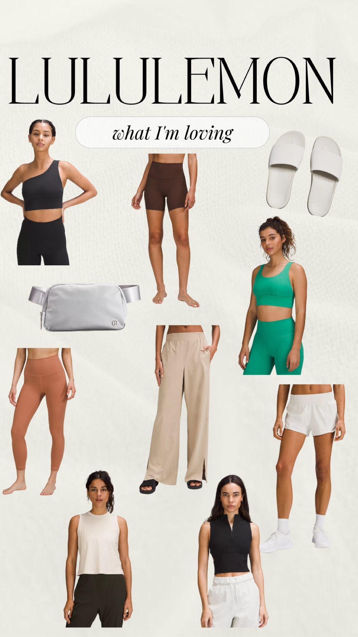 Neutral and pop of color finds from Lululemon! 



workout wear, workout outfit, athleisure, align leggings, biker shorts, bike shorts, running shorts, belt bag, ons shoulder sports bra, slides, wide leg pant, casual outfit, spring outfit, summer outfit

#LTKfit #LTKunder100 #LTKFind