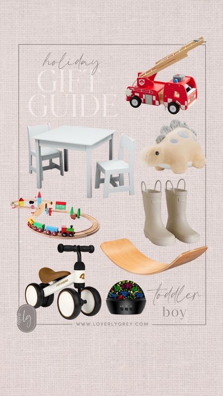 Loverly grey gift guide for toddler boys. Give him a wooden fire truck or train set! He’s also sure to love the glider bike or rain boots! 

#LTKSeasonal #LTKHoliday #LTKGiftGuide
