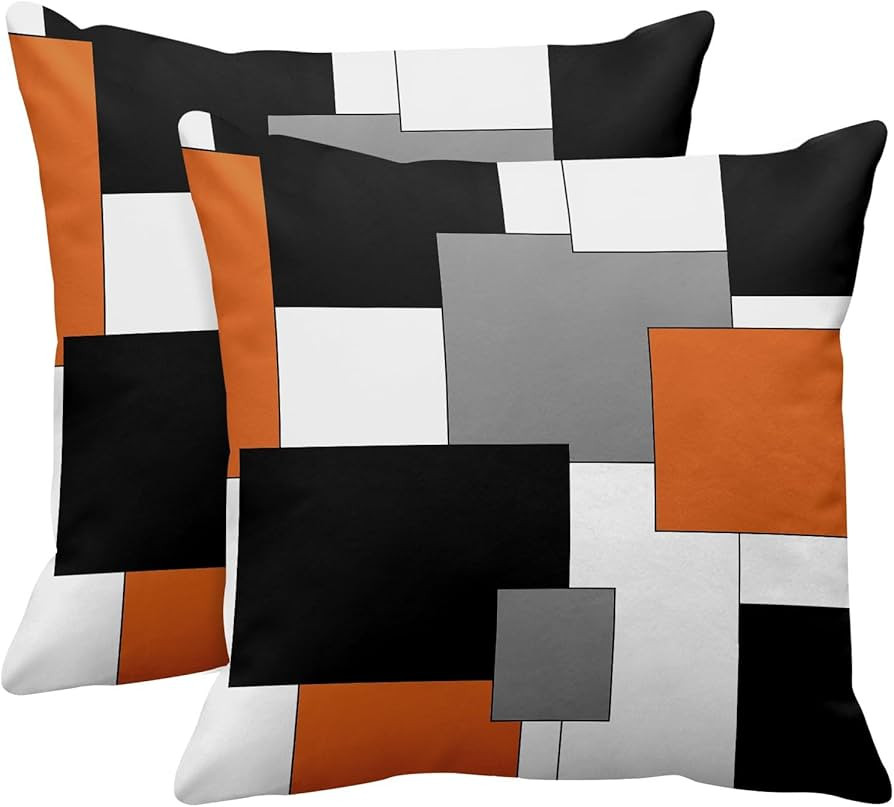 Emvency Set of 2 Orange Geometric Throw Pillow Covers Black Grey White Painting Abstract Checkere... | Amazon (US)