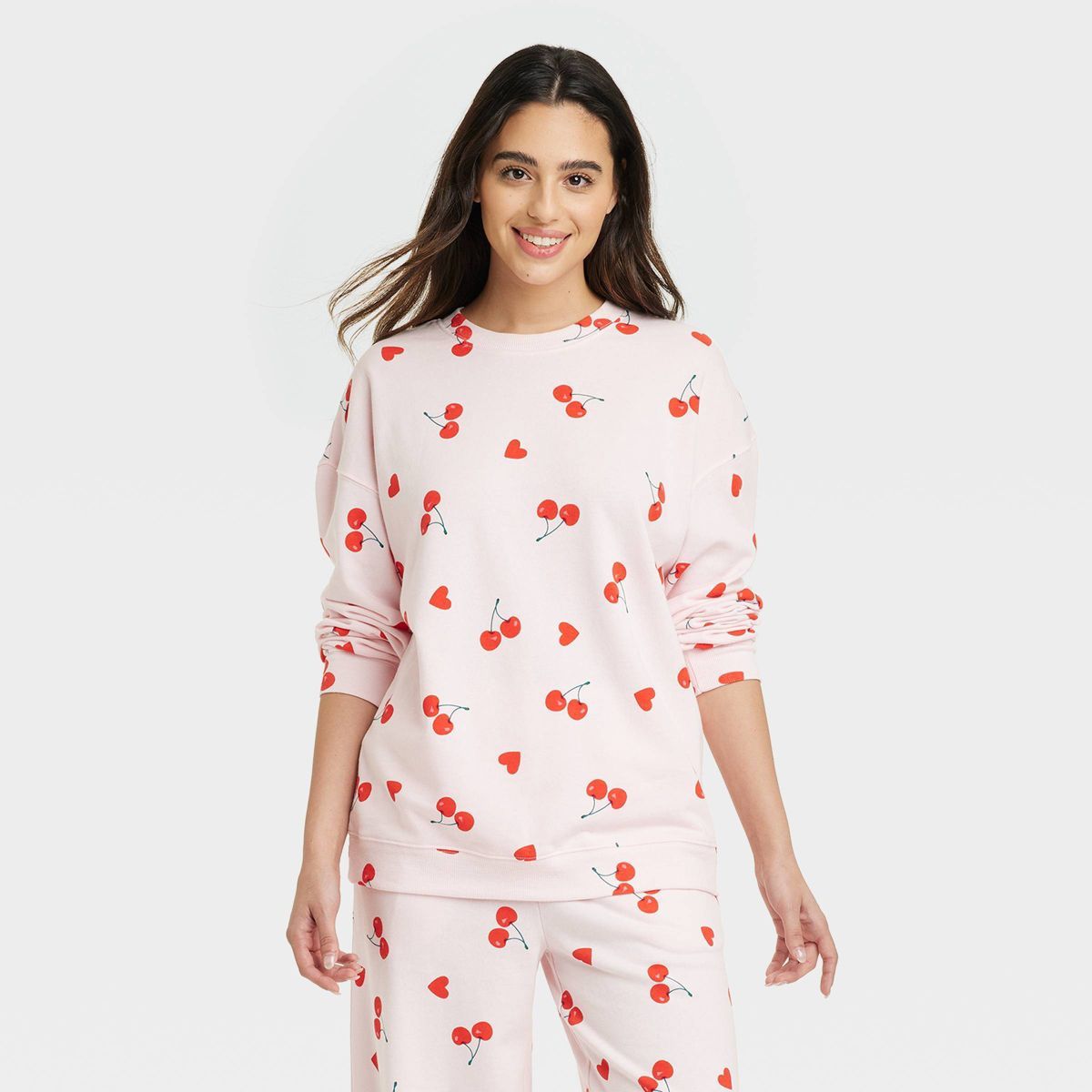 Women's Cherry Hearts Pattern Graphic Sweatshirt - Pink | Target