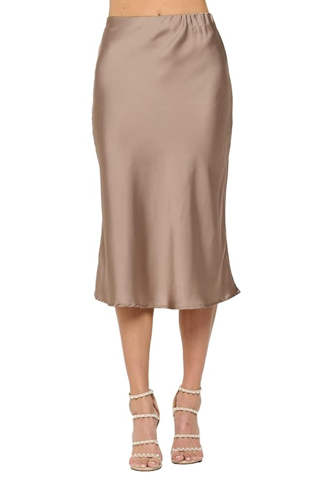 Women Solid High Waist Silky Casual Elastic Satin Midi Skirt -Made in USA (Available in Plus Size... | Amazon (US)