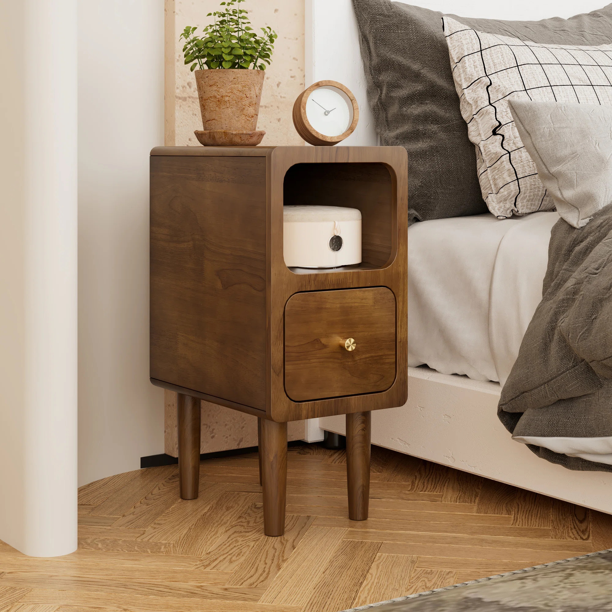 Solid Wood Nightstand - Narrow, With Drawers & Open Storage, Mid Century Modern Style For Bedroom | Wayfair North America