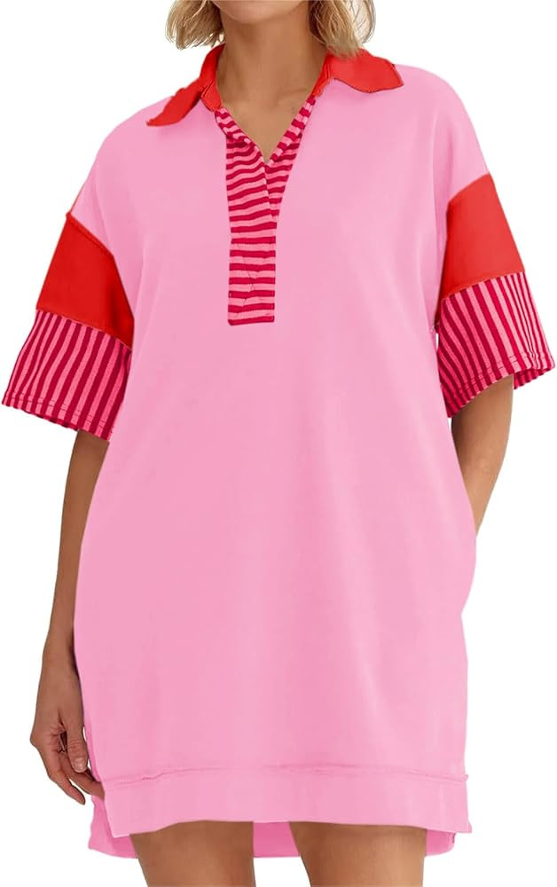 Wenrine Women's Polo V Neck T Shirt Dress Casual Summer Oversized Color Block Short Sleeve Sweats... | Amazon (US)
