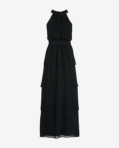Metallic Clip Dot Ruffle Tiered Halter Maxi Dress | Express