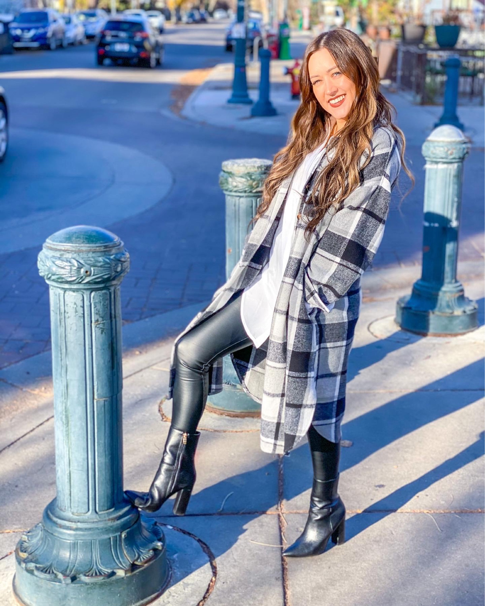 Fall weather outfit. Long black and white Shacket with faux leather leggings. 

#LTKsalealert #LTKHalloween #LTKSeasonal