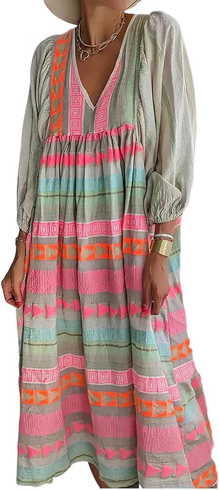 IVERIRMIN Women's Boho Floral Print Long Sleeve Maxi Dress Casual V Neck Flowy Ruffle Fall Long D... | Amazon (US)