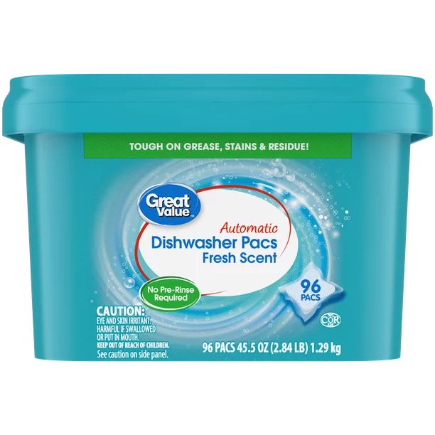 Great Value Pacs Dishwasher Detergent Pods, Clean and Fresh Scent, 45.5 Ounce, 96 Count - Walmart... | Walmart (US)