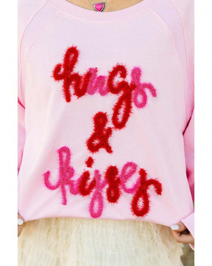 Azura Exchange Pink Hugs And Kisses Pop Up Embroidered Raglan Sleeve Sweatshirt | SHEIN