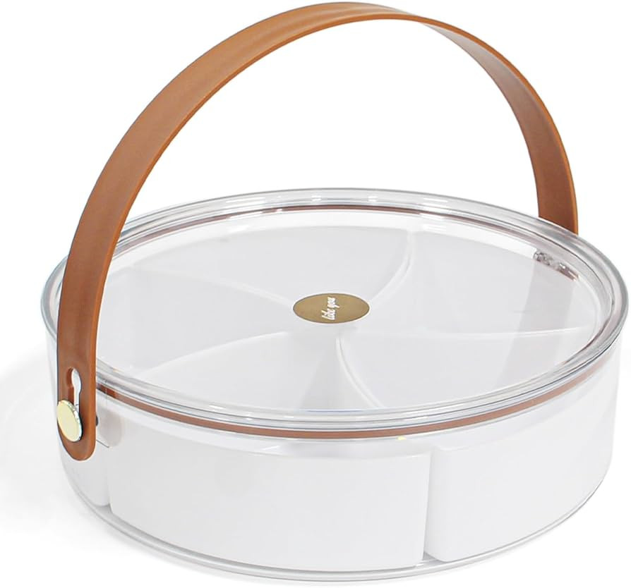 Round Clear Divided Serving Tray with Lid and Handle, Portable Snack Fruit Tray with 5 Compartmen... | Amazon (US)