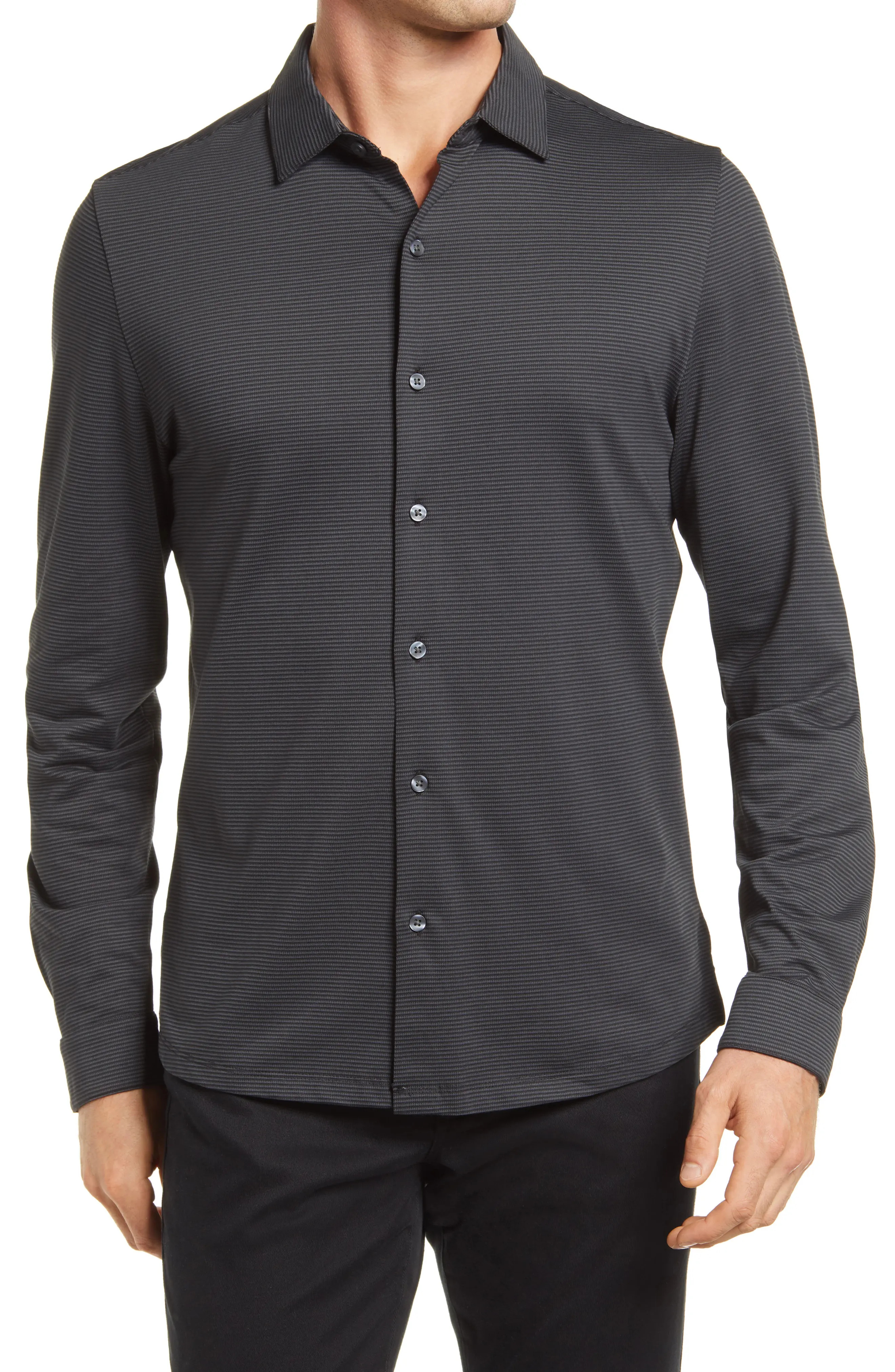 Men's Robert Barakett Verona Regular Fit Stripe Knit Button-Up Shirt, Size X-Large - Black | Nordstrom
