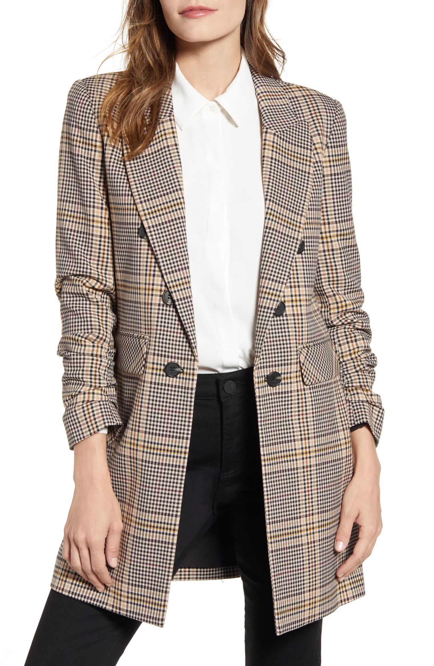 Ruched Sleeve Plaid Blazer | Nordstrom