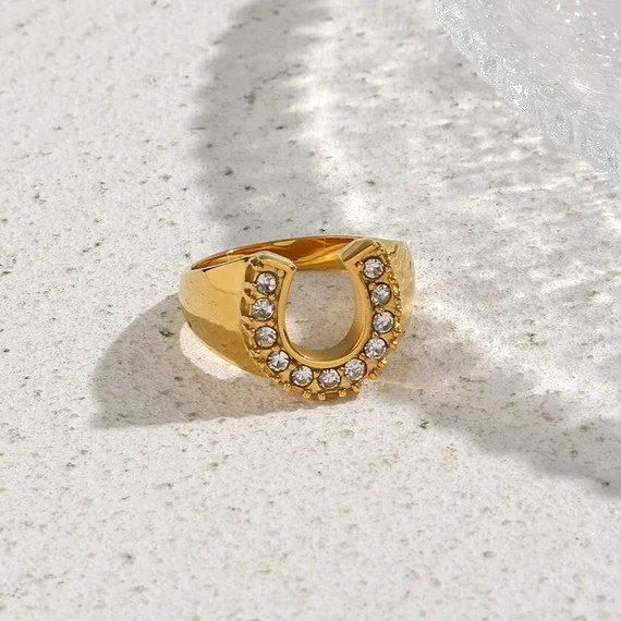 Horseshoe ring, non tarnish ring, 18K PVD gold Waterproof ring, diamond lucky horseshoe ring, iced o | Etsy (US)