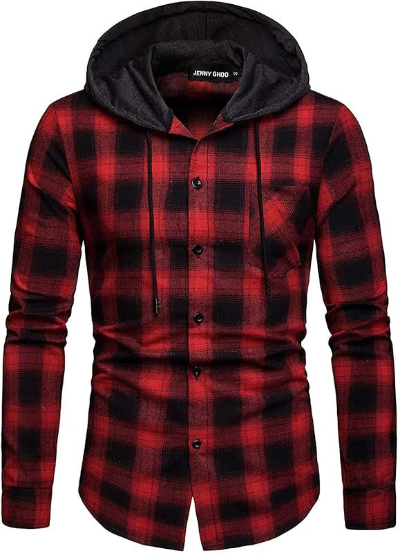 JG JENNY GHOO Flannel Shirt for Men Regular Hooded Long Sleeve Plaid Button Shirt | Amazon (US)