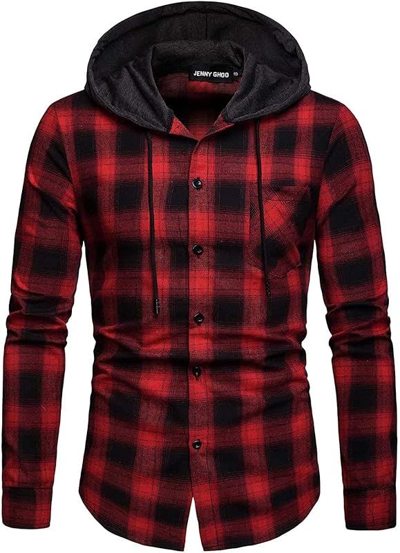 JG JENNY GHOO Flannel Shirt for Men Regular Hooded Long Sleeve Plaid Button Shirt | Amazon (US)