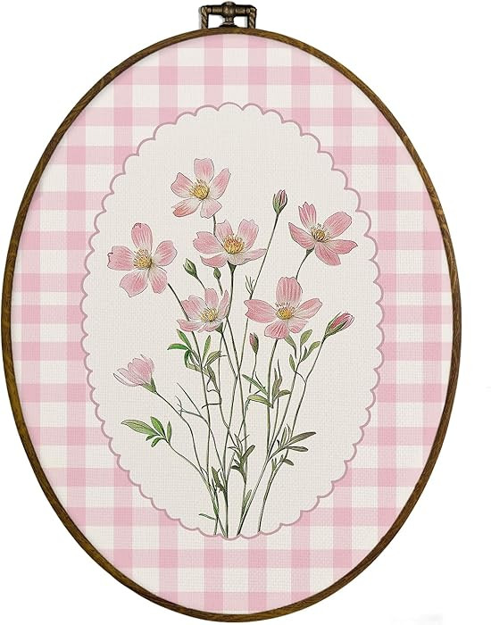dvhdajed Pink Grandmillennial Floral Oval Wall Art Decor, Preppy Cottagecore Flower Framed Canvas... | Amazon (US)