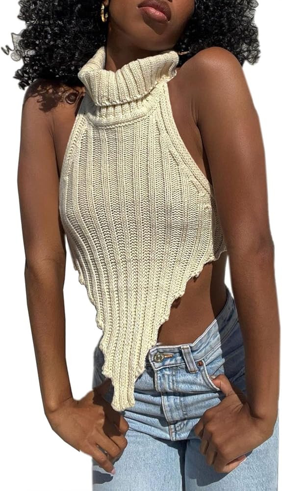 AIBEARTY Women Sexy Halter Knitted Turtleneck Crop Tank Tops Irregular Cut Out Backless Camisole ... | Amazon (US)