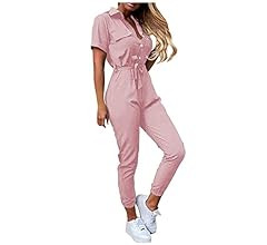 HXHYQKP Women's Short Sleeve Collared Cropped Coverall Button Down Tie Waist Cargo Jumpsuit | Amazon (US)