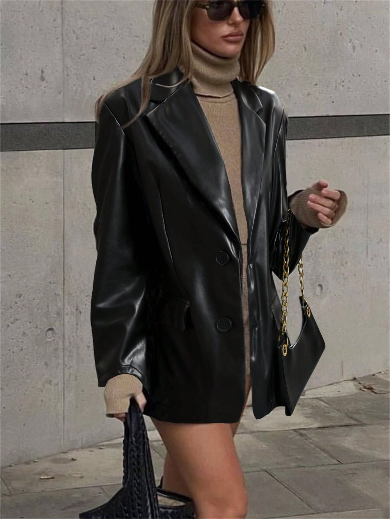 SHEIN Clasi Women's Solid Color Lapel Collar Buttoned Casual PU Leather Long Sleeve Jacket | SHEIN