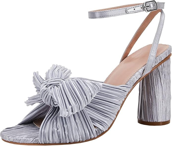 Women's Bow Knot Heeled Sandals Bridal Wedding Open Toe Ankle Strap Chunky Heels | Amazon (US)