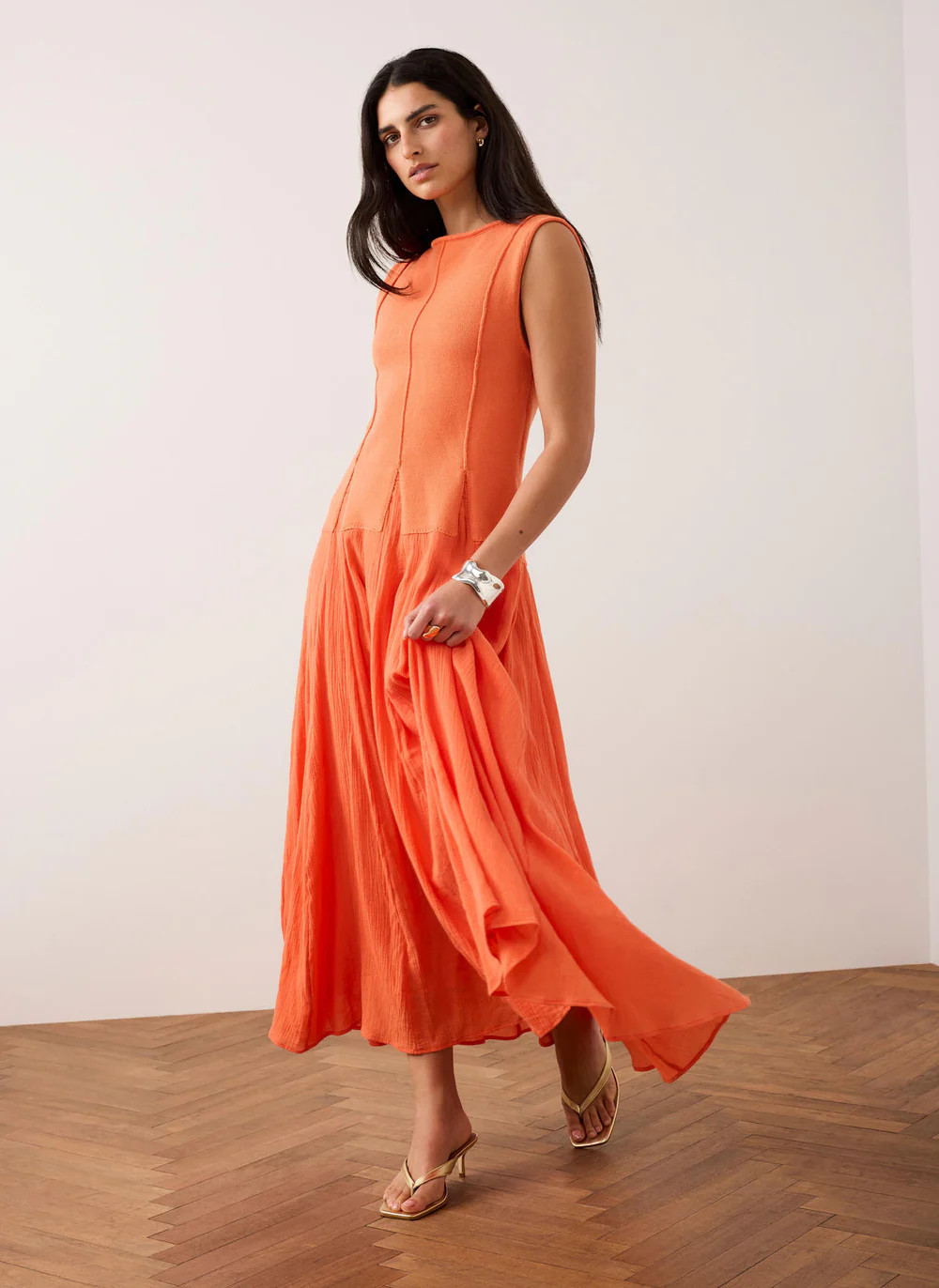 Orange Cotton Blend Drop Waist Maxi Dress | Mint Velvet