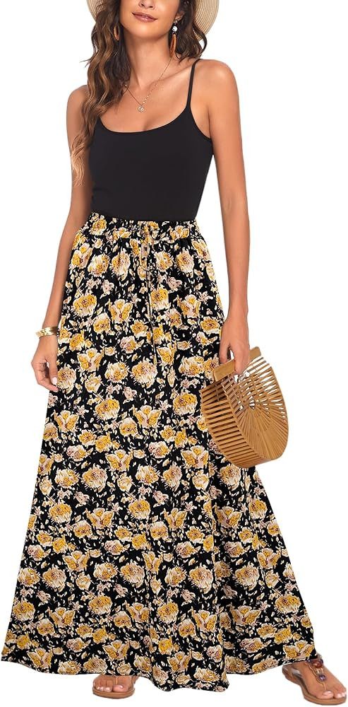 Bluetime Women Flowy Long Skirts Summer Beach Pleated Elastic High Waisted Casual Maxi Skirts | Amazon (US)