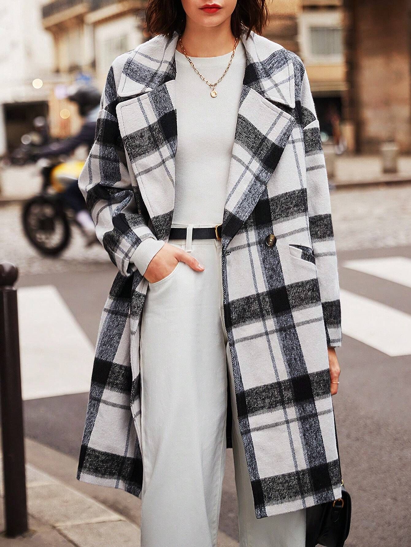SHEIN Frenchy Drop Shoulder Double Button Plaid Overcoat | SHEIN