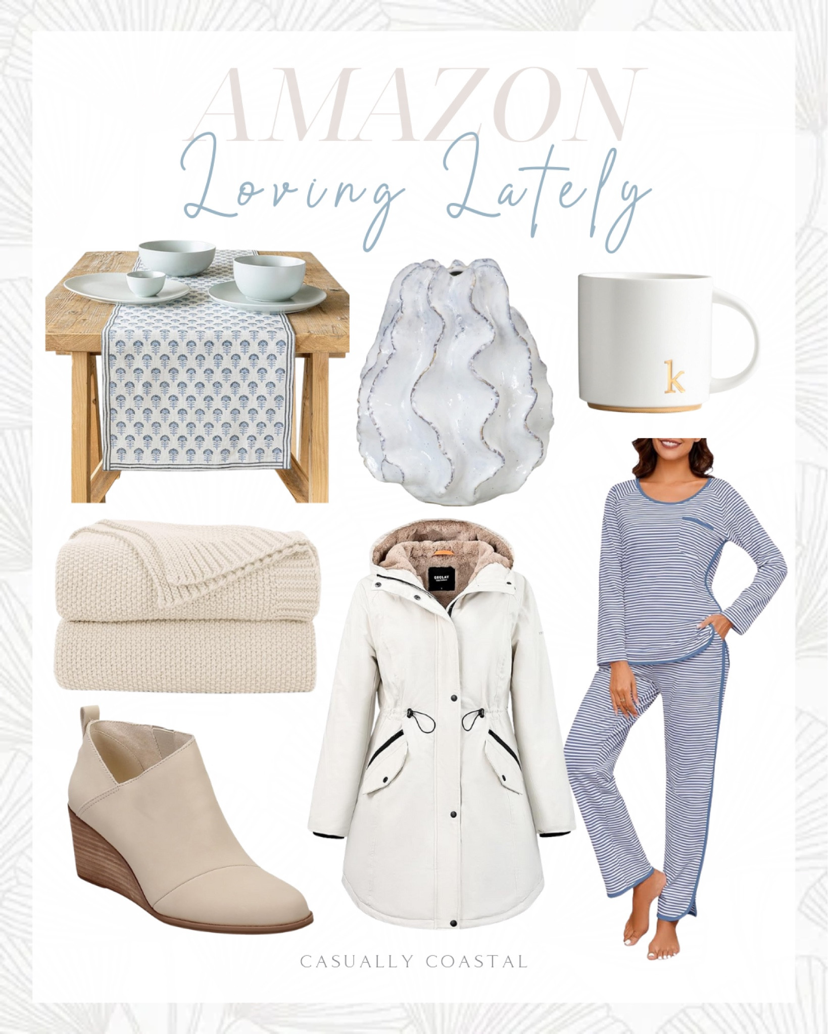 Loving Lately From Amazon 

Amazon coastal style, Amazon home decor, Amazon pajamas, Amazon vase, coastal vase, coastal pajamas, coastal blanket, Amazon blanket, Amazon fall shoes, Amazon mug, Amazon winter coat, white vase, beige throw blanket, cable knit throw blanket, 18x90 hand blocked printed cotton table runner, coastal table runner, Amazon table runner, fleece lined parka, hooded winter coat, cotton pajama set, blue and white pajama set, toms boots, neutral boots, golden initial coffee cup

#LTKFindsUnder50 #LTKHome #LTKFindsUnder100
