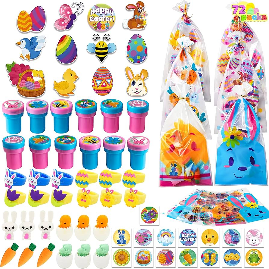 JOYIN 72 Pcs Easter Party Favors Set, 12 Packs Assorted Goody Bags with Rings/Sticker, Foam Stick... | Amazon (US)