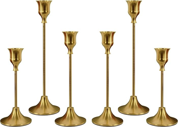 Set of 6 Brass Gold Candle Holders for Taper, Vintage Candlestick Holder Decorative Metal Candle ... | Amazon (US)