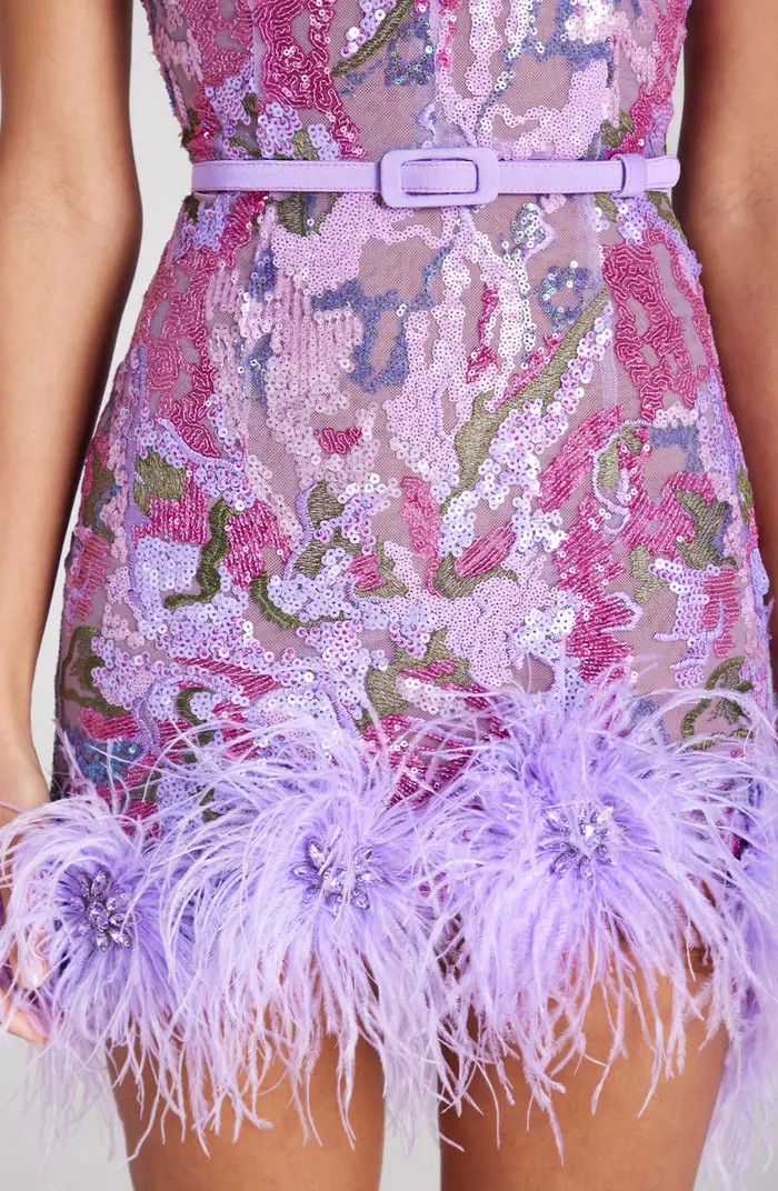 NADINE MERABI Isla Belted Ostrich & Turkey Feather Trim Minidress | Nordstrom | Nordstrom