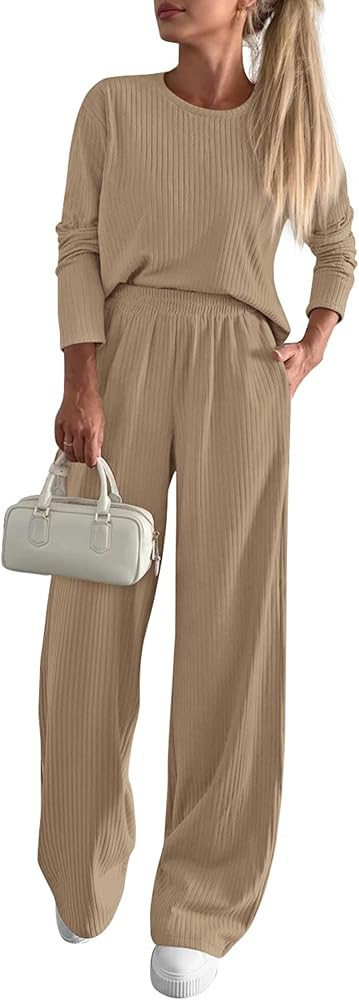 KIRUNDO Fall 2 Piece Lounge Sets for Women Long Sleeve Ribbed Knit Tops Wide Leg Pants Matching T... | Amazon (US)