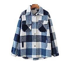 Amazon.com: Uaneo Womens Casual Plaid Wool Blend Button Down Long Sleeve Shirt Jacket Shackets（... | Amazon (US)