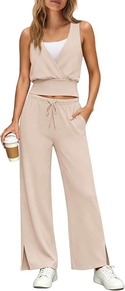 Yanekop Womens 2 Piece Lounge Set Pilates Wrap Top Wide Leg Pants Set Summer Beach Vacation Outfi... | Amazon (US)