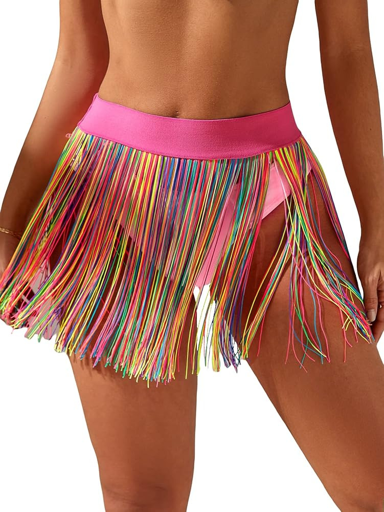 MakeMeChic Women's Bikini Bottom Swimsuit Cover Up Tassel Fringe Hem Beach Cover Up Skirt | Amazon (US)