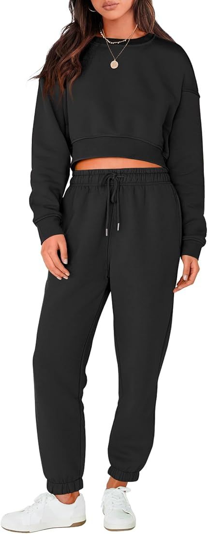 Women's Two Piece Outfits Long Sleeve Crew Neck Crop Sweatsuit with Jogger Pants Lounge Sets with... | Amazon (US)