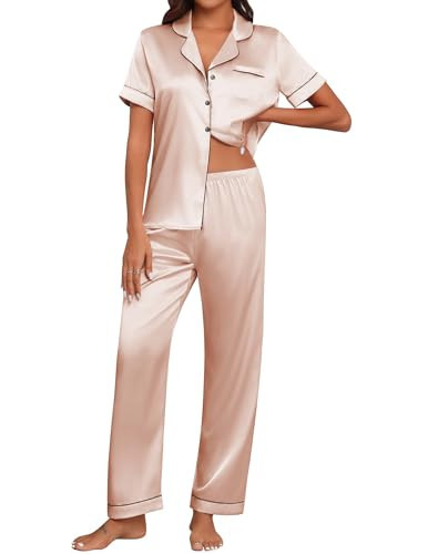 Ekouaer Silk Pajamas for Women Silky Satin Loungewear Set 2 Piece Button Up Pj Set Champagne Silk Pajama Set,M | Amazon (US)