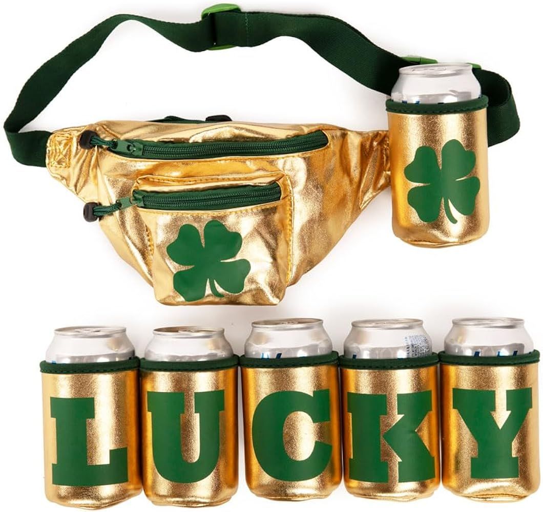 Tipsy Elves St Patrick’s Day Lucky Gold Fanny Pack W/ 6 Drink Holders - Festive Gold and Green ... | Amazon (US)