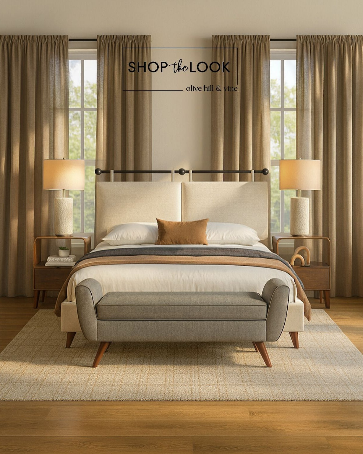 Neutral tones take center stage with linen headboards, taupe curtains, and a khaki rug—balanced by walnut nightstands, sculptural décor, and a versatile storage bench for a refined yet timeless modern bedroom.  

 

#LTKHome #LTKStyleTip #LTKFamily