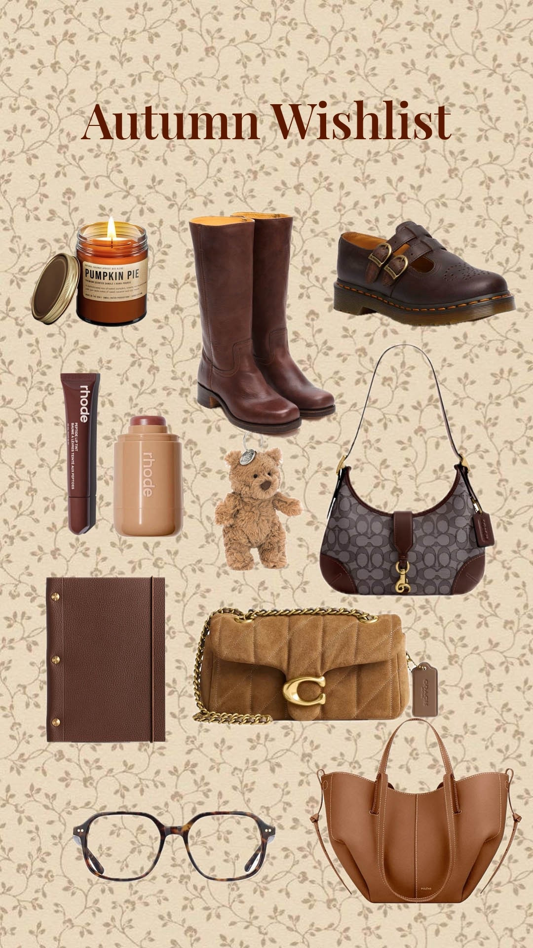 Fall Wishlist, fall fashion trends, coach purse, brown boots, pumpkin candle, rhode blush, doc marten mary janes