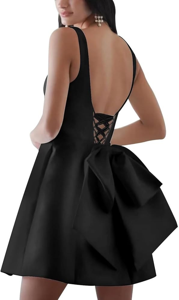 Short Homecoming Dresses with Bow A-Line Wedding Dress Satin Formal Evening Cocktail Gown | Amazon (US)