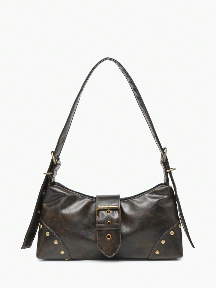 1pc Women's Vintage Meladerm Distressed Leather Motorcycle Bag With Rivet & Pin Buckle Detailing,... | SHEIN